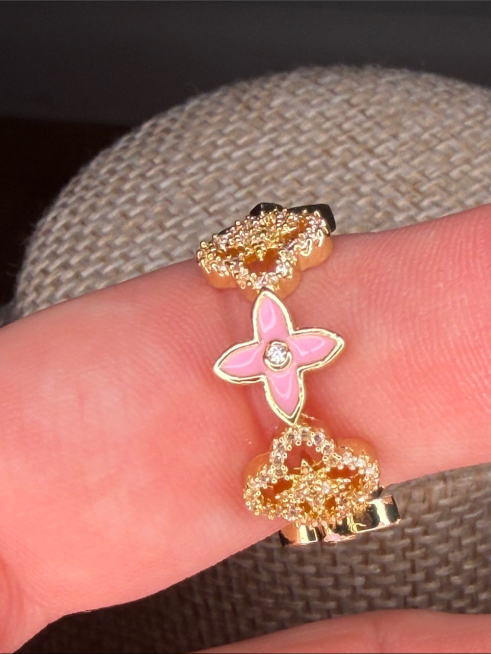 LV style Gold and Pink Floral Ring with Crystal Accent Sz 7 adjustable